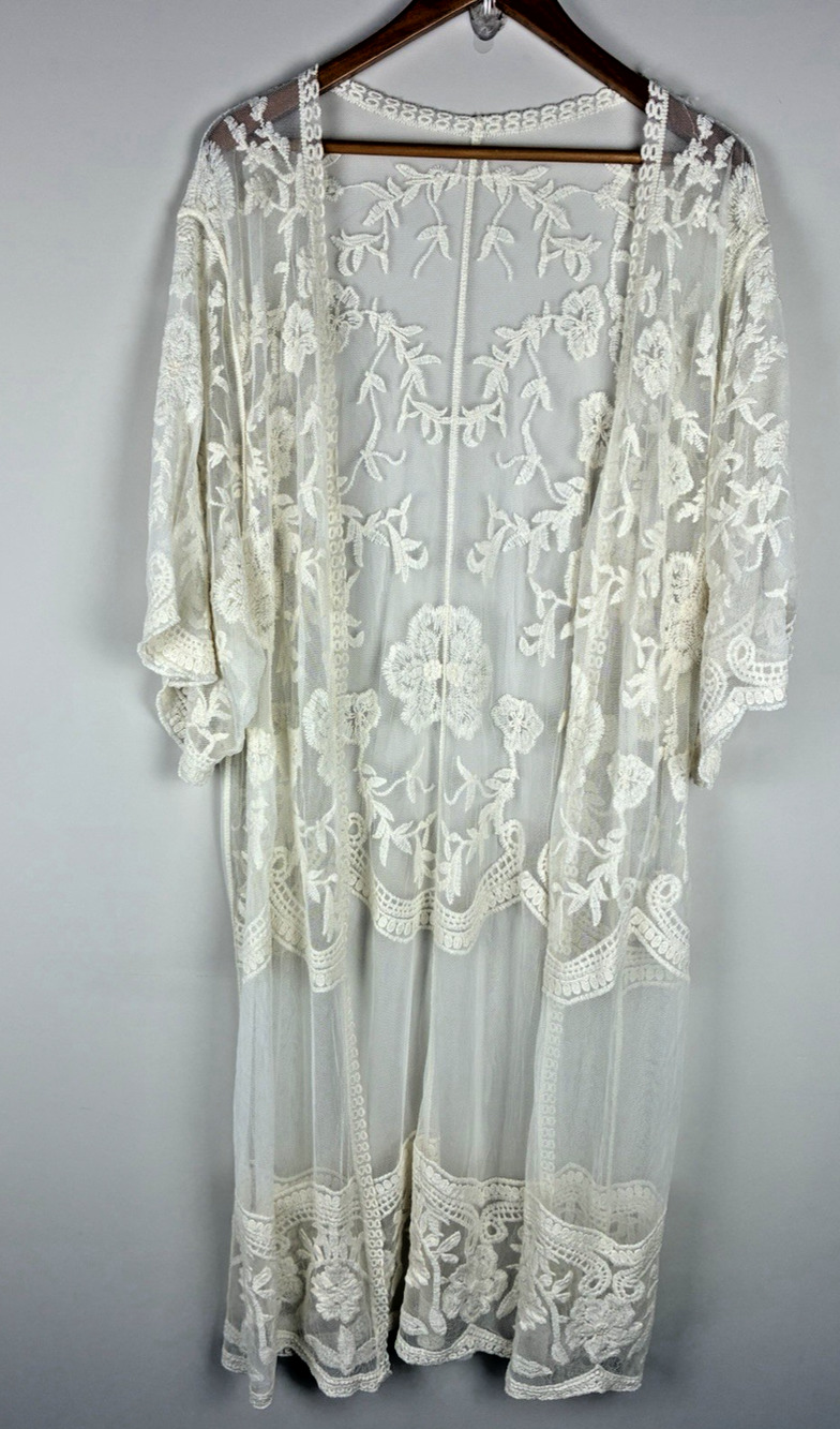 Women’s Ivory Embroidered Lace Long Kimono Duster Sheer Floral Boho One Size